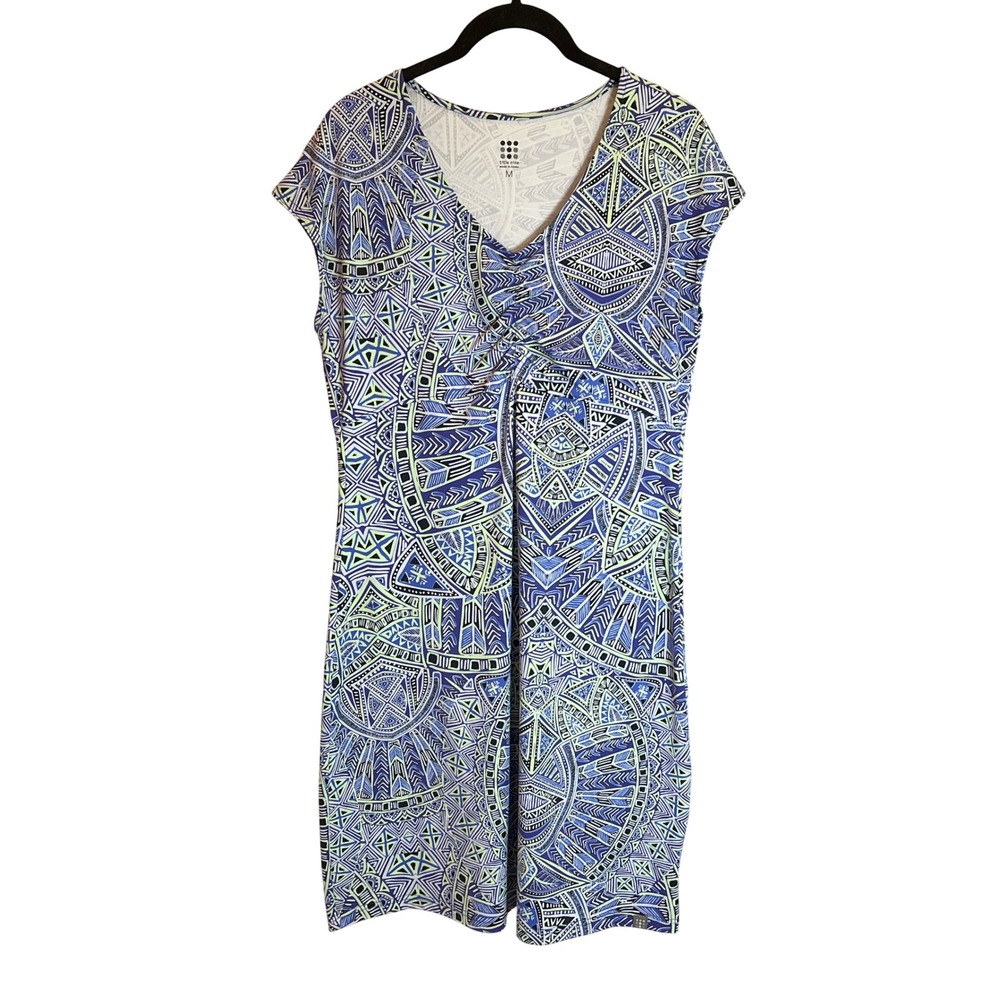 Title Nine Womens V-Neck Geometric Tribal Print Athletic Dress Blue Green Size M